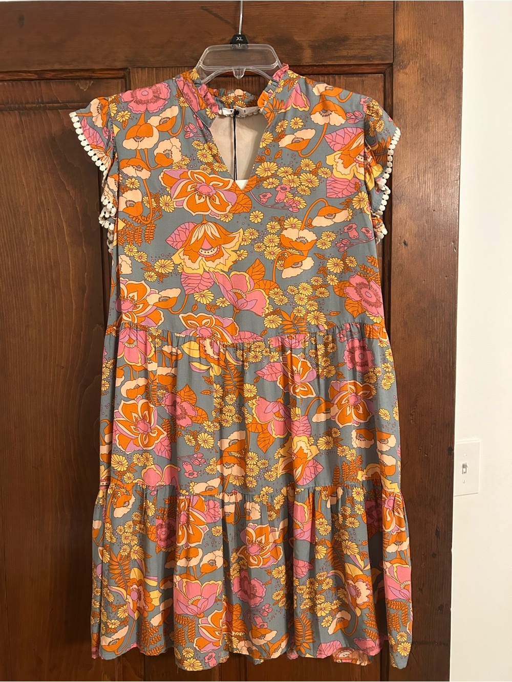 THML Gray Floral Tiered Dress with Pink & Orange Flowers